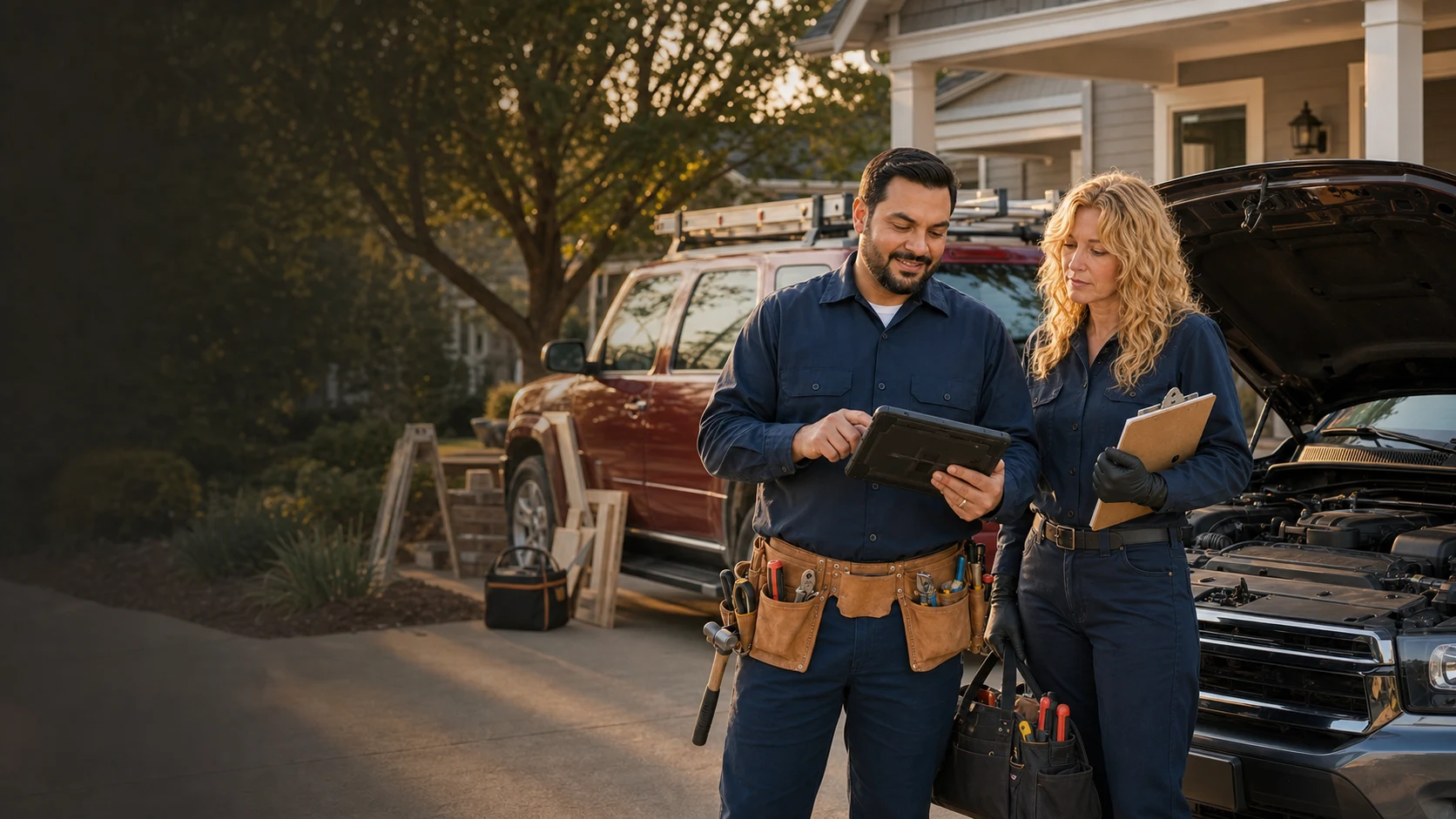 Illustration of handyman and mobile mechanic service at a Charlotte home