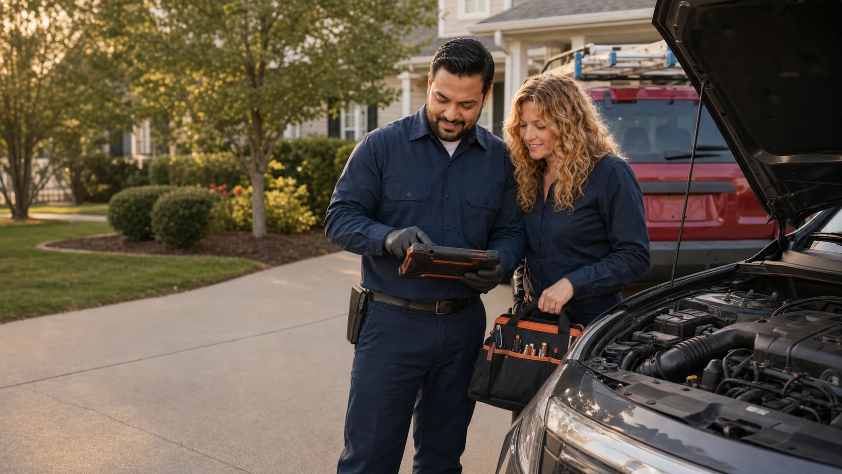 Illustration of mobile vehicle diagnostics in a driveway
