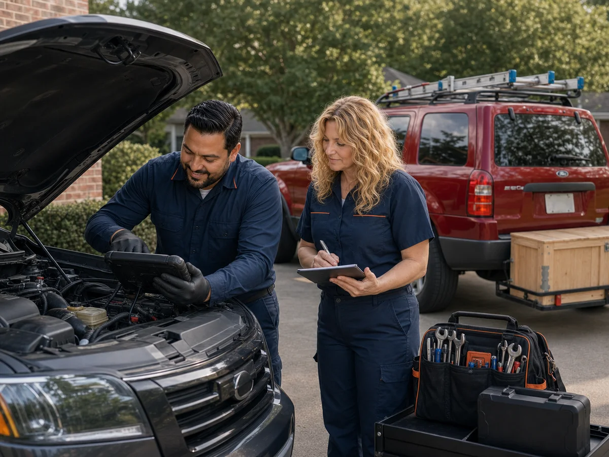 Illustration representing mobile vehicle diagnostics in a driveway